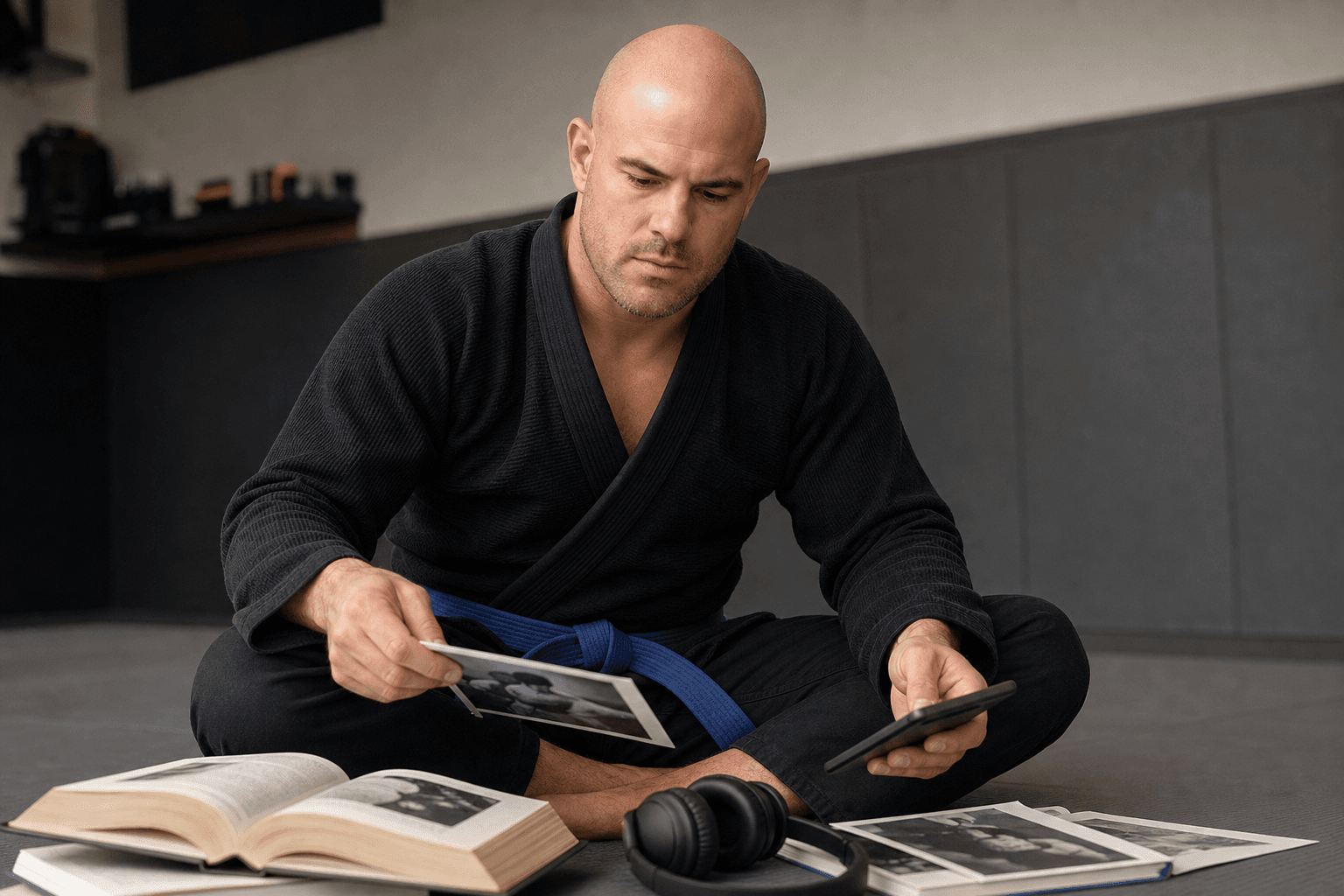 Martial artist studying books, mentor photos, music, and social media inputs