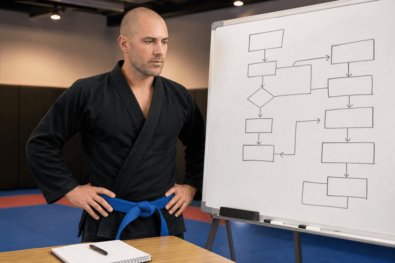 Martial artist mapping training processes on a whiteboard