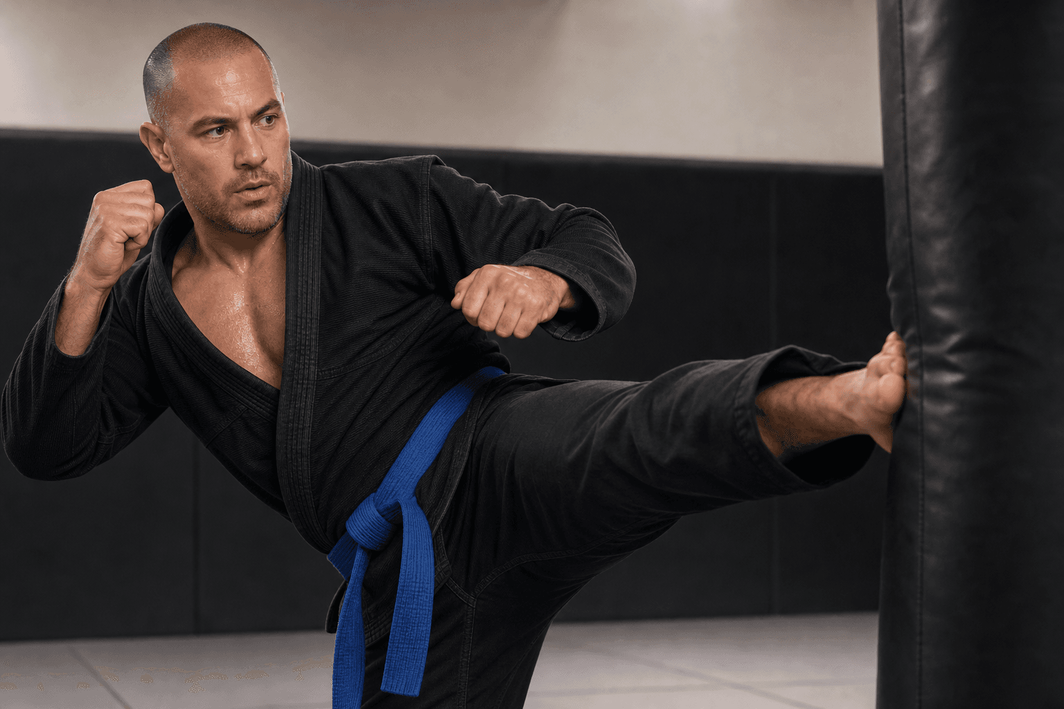 Martial artist driving a kick into a heavy bag during hard training