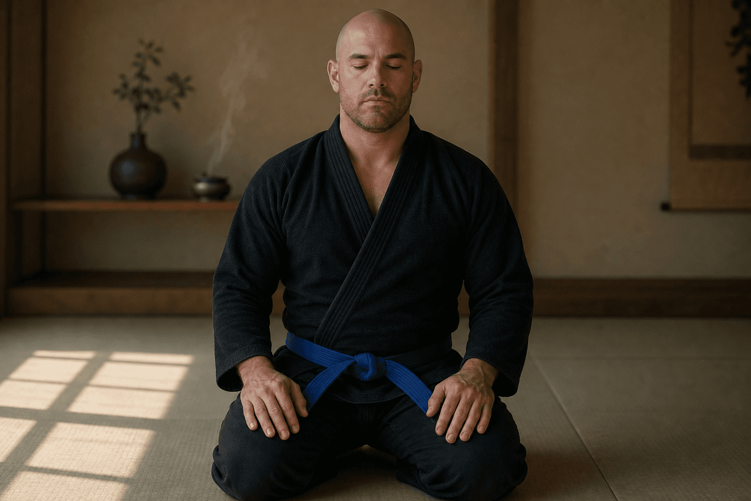 Martial artist meditating in a quiet dojang