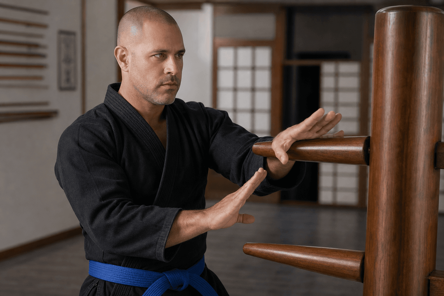 Martial artist completing skill drills on a wooden dummy